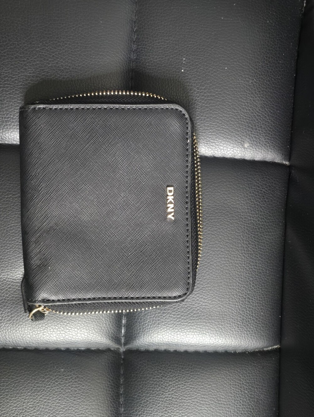 DKNY Black Saffiano Zip Wallet with Gold Hardware